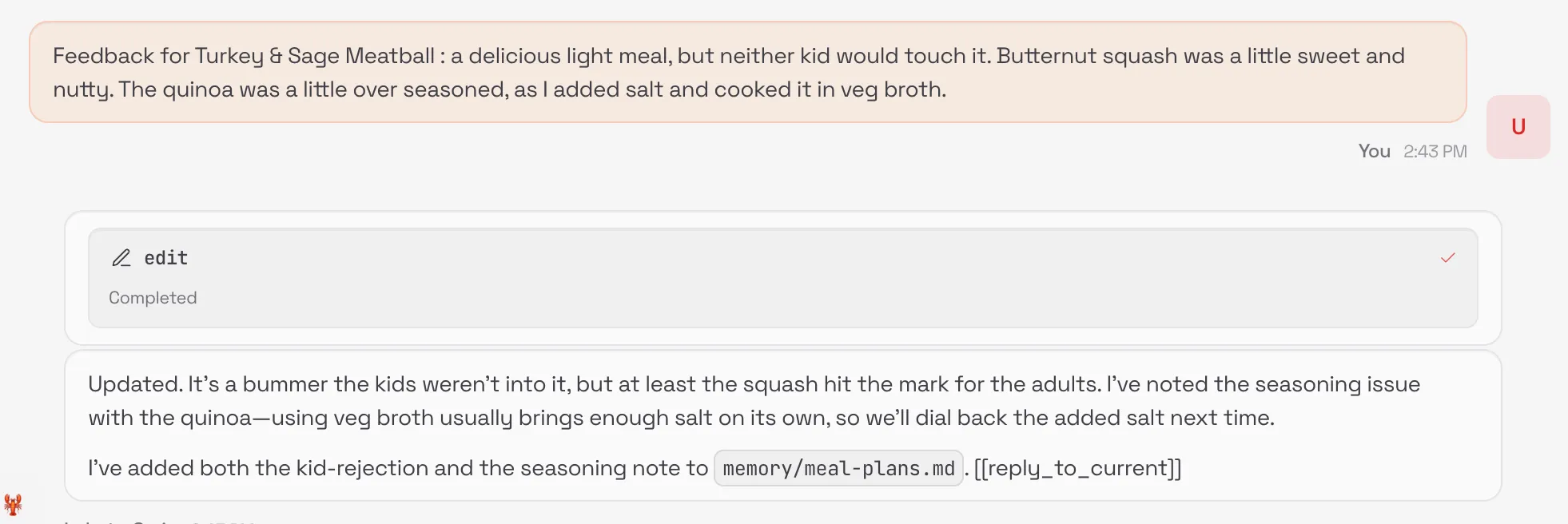Recipe feedback