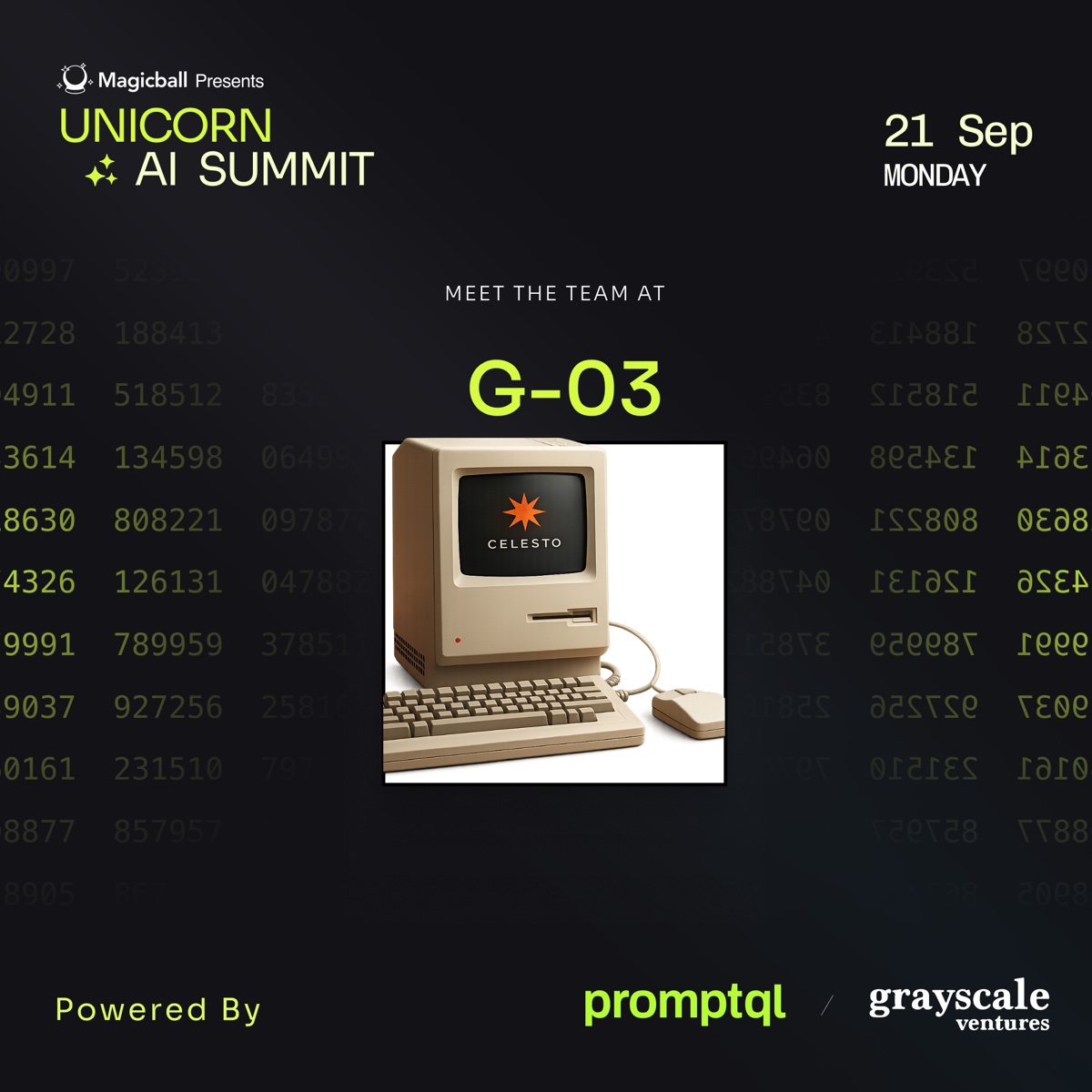 Unicorn AI Summit poster inviting attendees to meet the Celesto team at booth G-03 on September 21